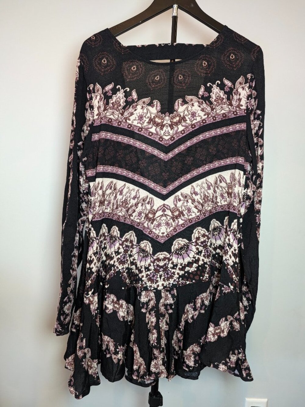 Free People Women Size L Smooth Talker Black Burgundy Boho Floral Mini Dress Top